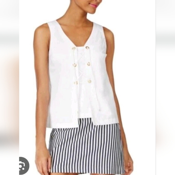 Trina Turk Tops - Trina Turk White Nautical Lace-Up Sleveless Top Sz S Tie Front Normcore